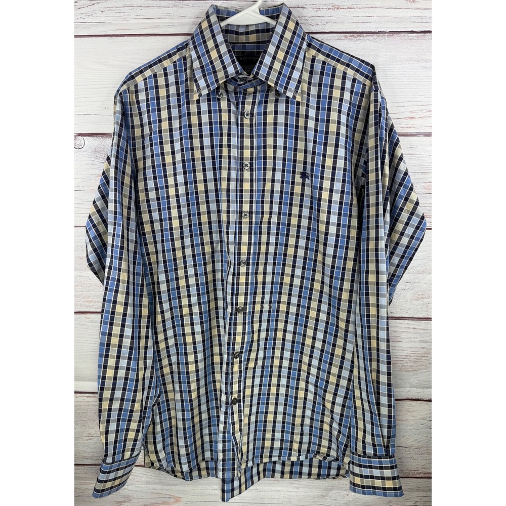 Burberry London Mens Blue Plaid Check Button Down Shirt Made in UK 15.5 39